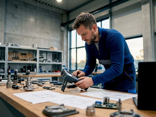 En tekniker granskar mätutrustning vid en arbetsbänk i industrimiljö.