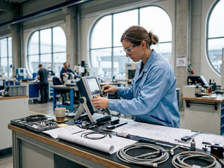 En ingenjör som övervakar och styr produktionen vid en kontrollpanel i fabriken.