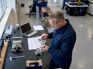 En mättekniker på fabriken undersöker en komponent