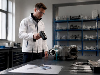 En ingenjör arbetar med en laserskanner i fabriken.