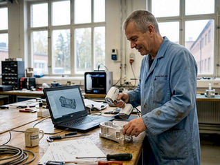 En metallkomponent analyseras med hjälp av en scanner i ett industrilabb.