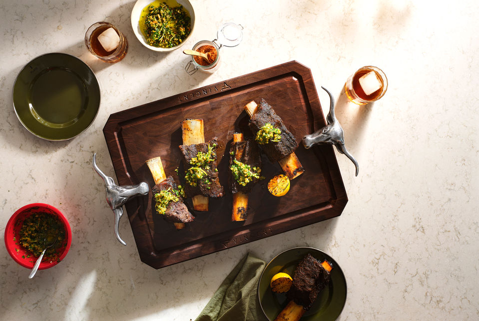 a steak sitting on  The Legend - 20" x 15" The original Vincent board