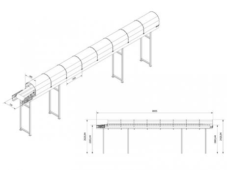 Conveior tip ghirlande- structura galvanizata - banda cauciuc - acoperire din tabla galvanizata - layout.