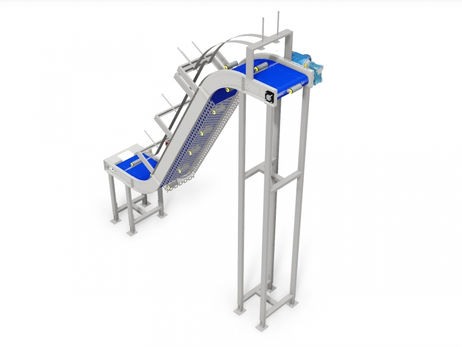 Conveior tip elevator cu banda modulara si mantinele - otel inox