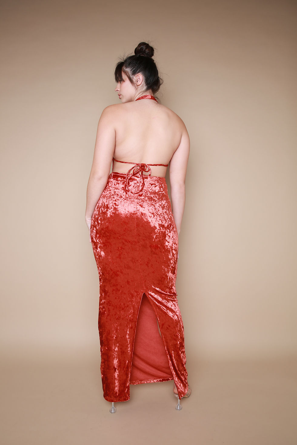 Thumbnail: Orange Velvet V Neck Maxi Dress