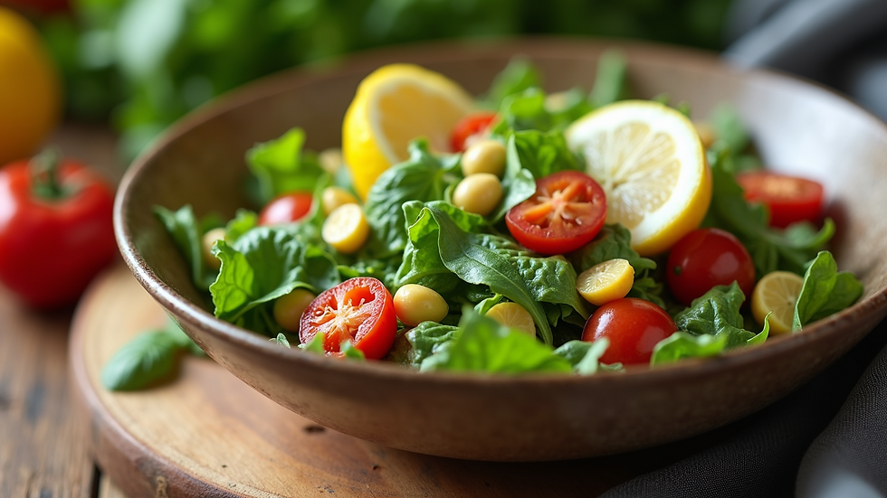 High angle view of a bowl of fresh salad with lemon wedges