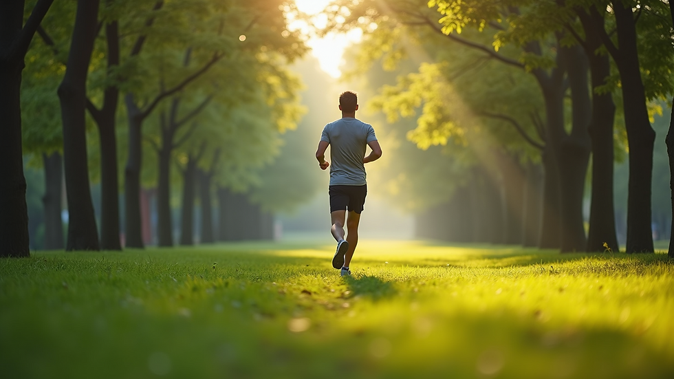 Eye-level view of a person jogging in a green park