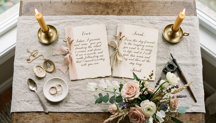 Overhead view of a wedding ceremony table with handwritten vows, candles, and family heirlooms.