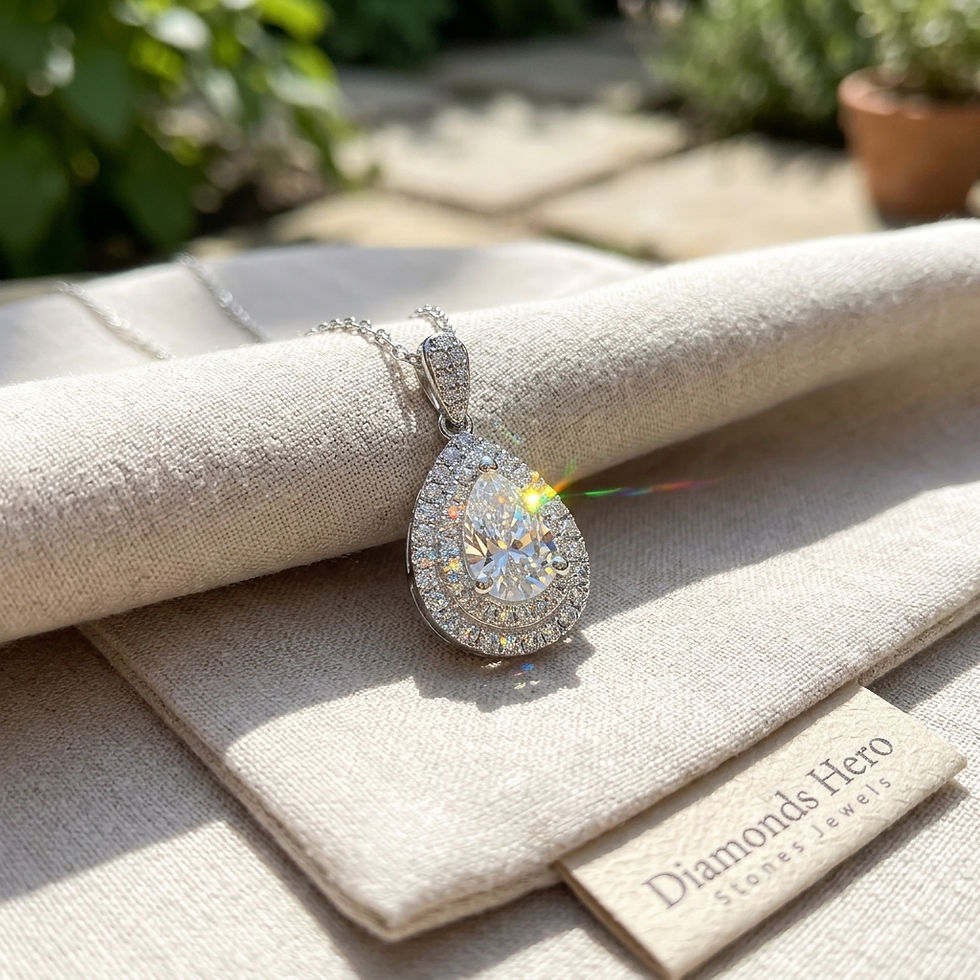 www.diamondshero.it pendente punto luce oro argento brillante diamante moissanite pera pear cut diamond silver pendant
