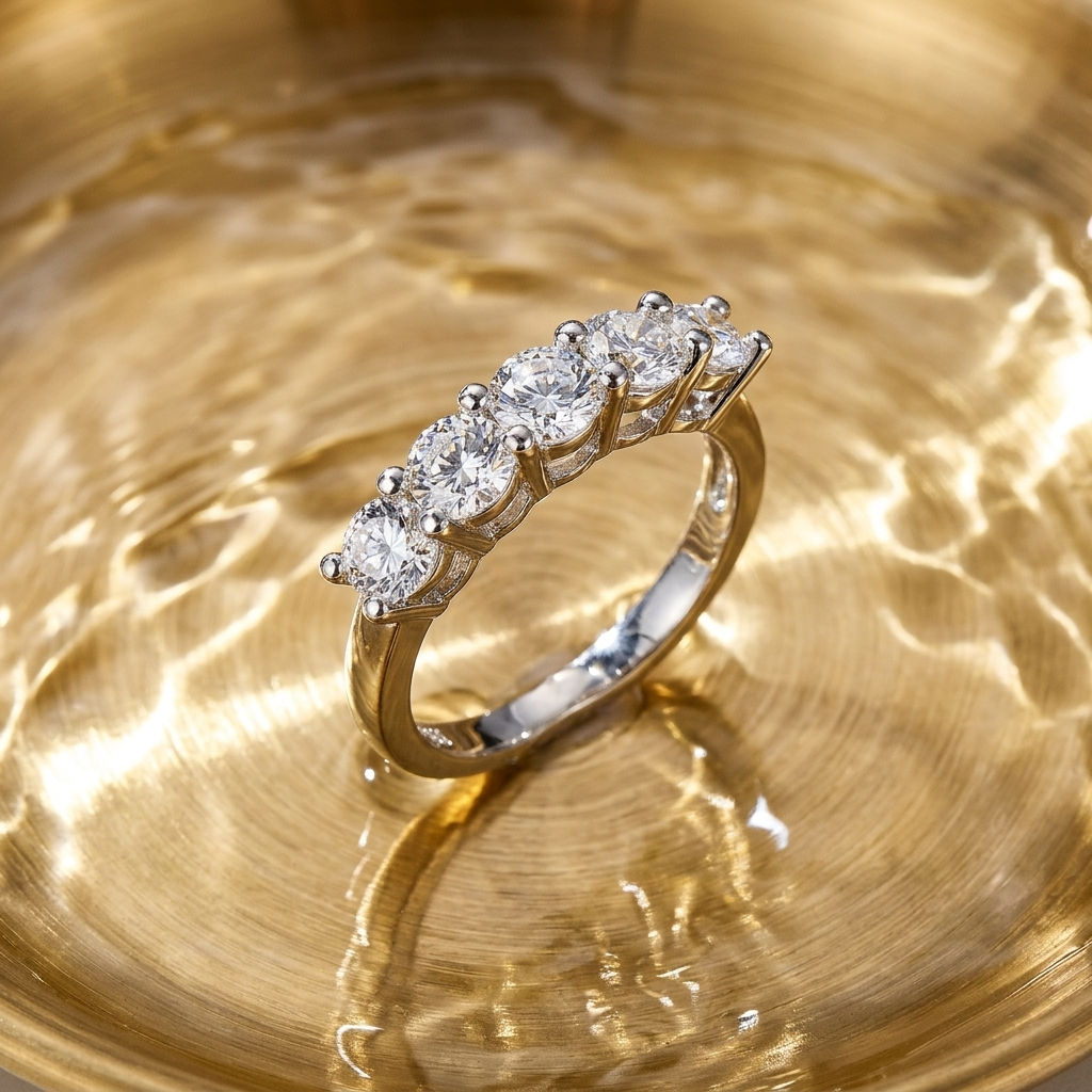diamondshero.it anello moissanite 5 pietre argento oro silver gold ring