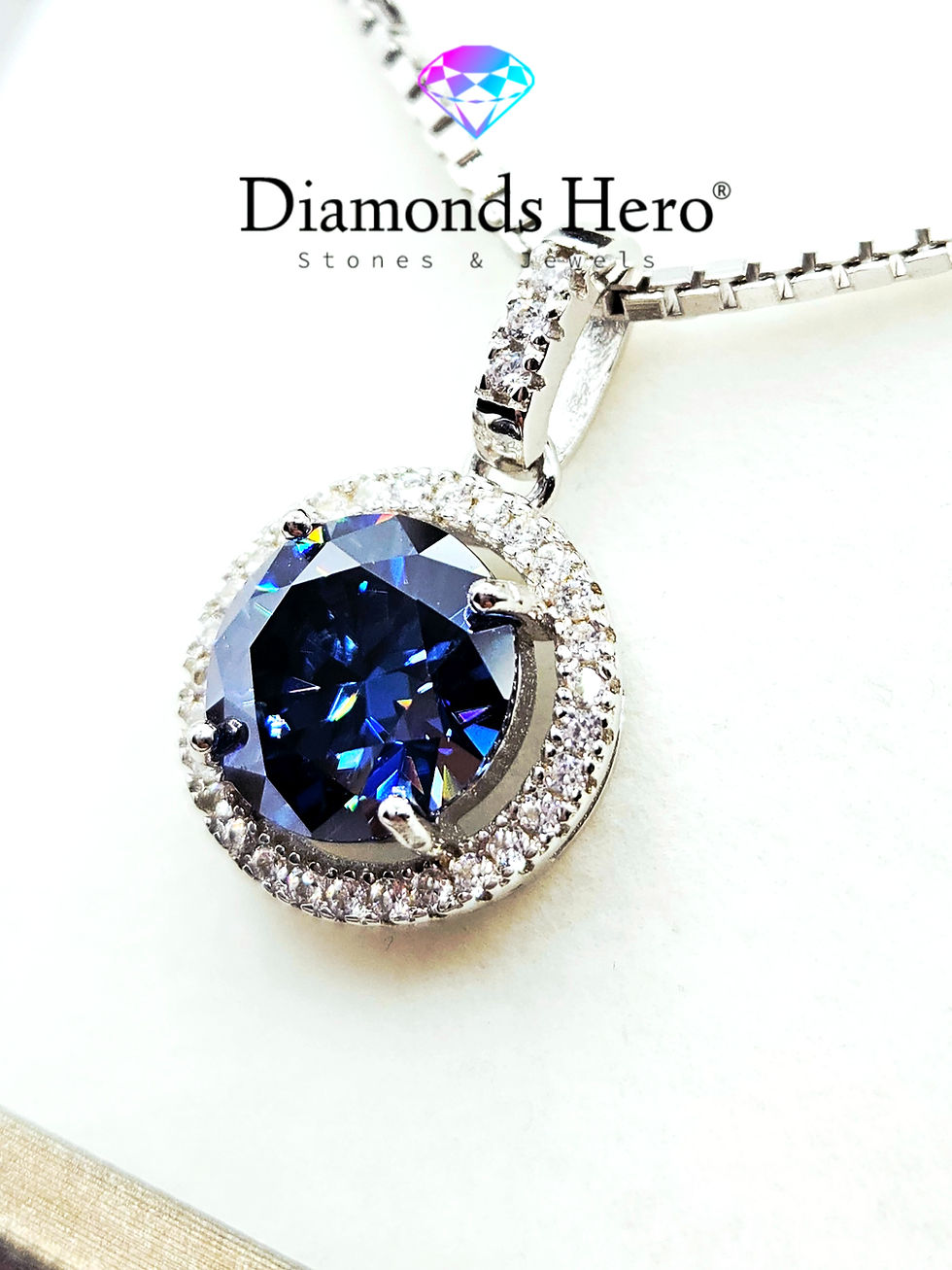 Miniatura: diamondshero.it pendente punto luce oro argento brillante diamante blu blue moissanite diamond ring silver pendant