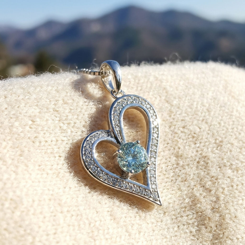 pendente punto luce cuore azzurro light blue argento brillante diamante moissanite heart diamond ring silver pendant
