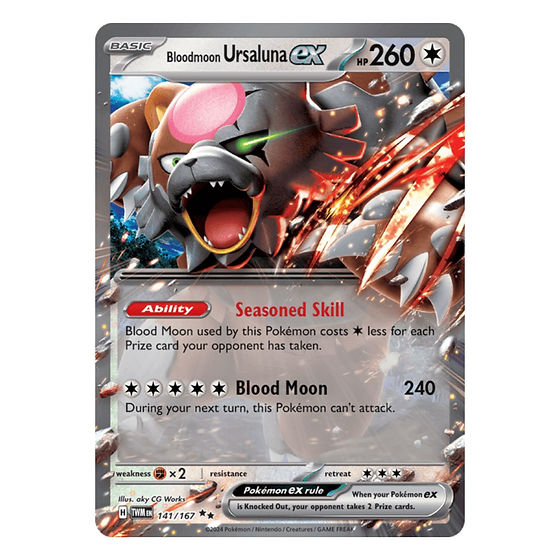 bloodmoon ursaluna ex pokemon card Prismatic Evolutions SIR #168 PSA 9 Ability Seasoned Skill Blood Moon used by this Pokmon costs 1 Colorless less for each Prize card your opponent has taken Bloodmoon Ursaluna EX TWM 202/167