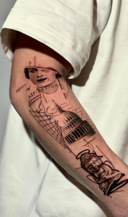 Tatouage fineline graphique avec portrait et éléments architecturaux réalisé par Samothink_ au salon La Fratrie à Nice.