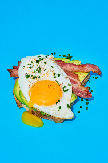 creative avocado on toast with bacon and fried egg, commercial food photography, North Yorkshire 