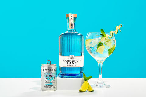 Larkspur Lane London Dry Gin bottle with Fever-Tree tonic and a gin and tonic garnished with lime, mint and cucumber, shot on a bold teal backdrop — Yorkshire drinks photography by Florian Frickel