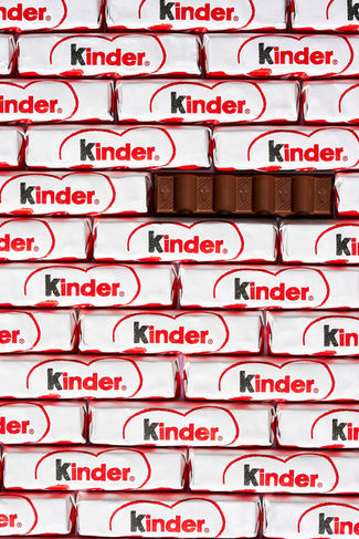 commercial macro product photo of kinder chocolate bars laid as a brick wall, harrogate, North Yorkshire 