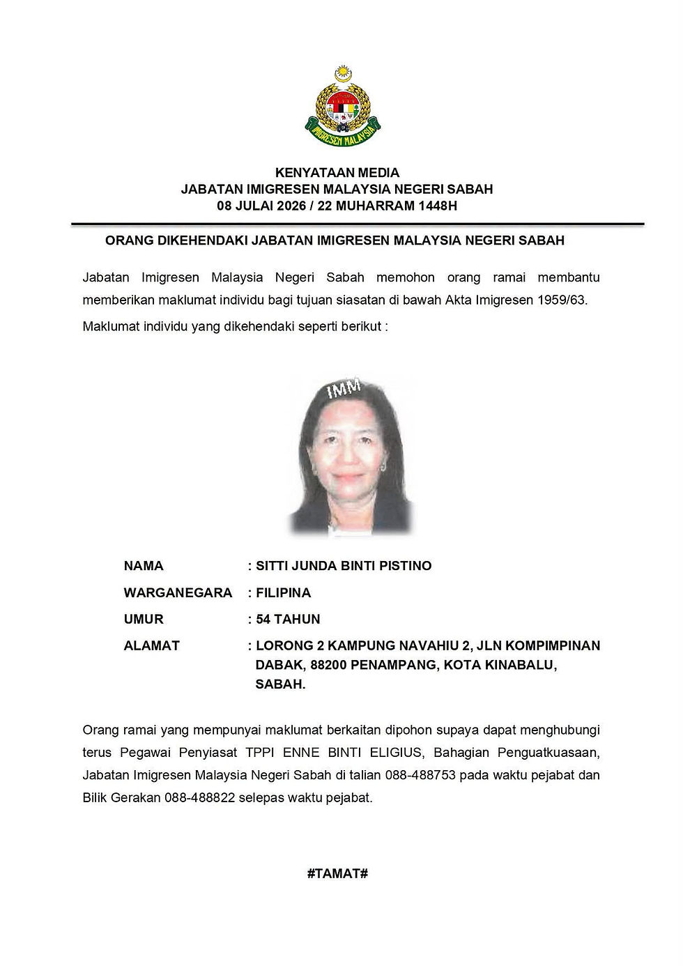 Imigresen Sabah minta bantuan kesan wanita warga Filipina