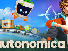 Autonomica Ground Zero Alpha Preview banner featuring a robot companion and main character sitting by futuristic tech with wind turbines in the background.
