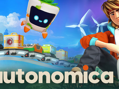 Autonomica Ground Zero Alpha Preview banner featuring a robot companion and main character sitting by futuristic tech with wind turbines in the background.