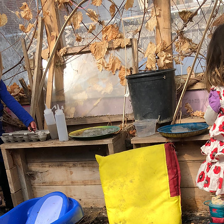 The interior of a warm greenhouse filled with planter boxes, toys, and some brown plants on an urban homestead