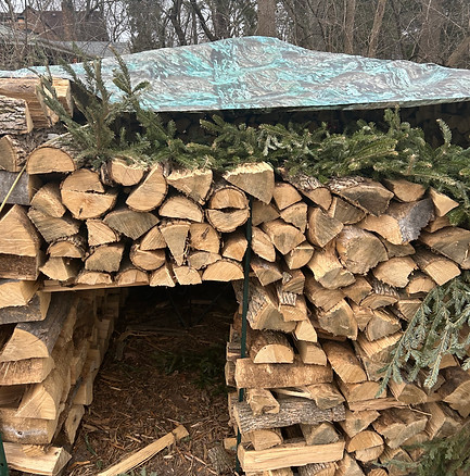 Firewood storage in the shape of a fort with doors and windows and secured with metal posts and covered in a giant tarp on a suburban homestead