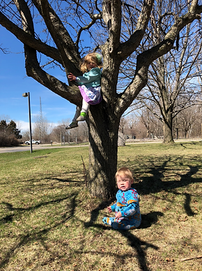 A toddler climbs a trees at Havenwoods State Forest while her baby brother sits on the ground beneath her