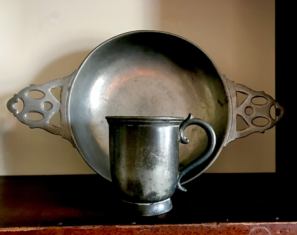 Pewter porringer and cup