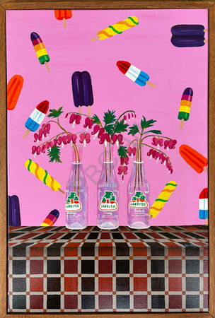 Peinture acrylique 24 × 36 po "Les Cœurs saignants pour les escargots" de la collection Les Bouquets du Quotidien par Paule Camu