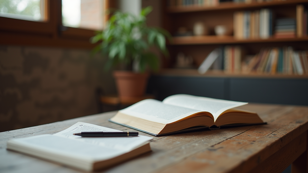Eye-level view of a cozy study area with a stack of books