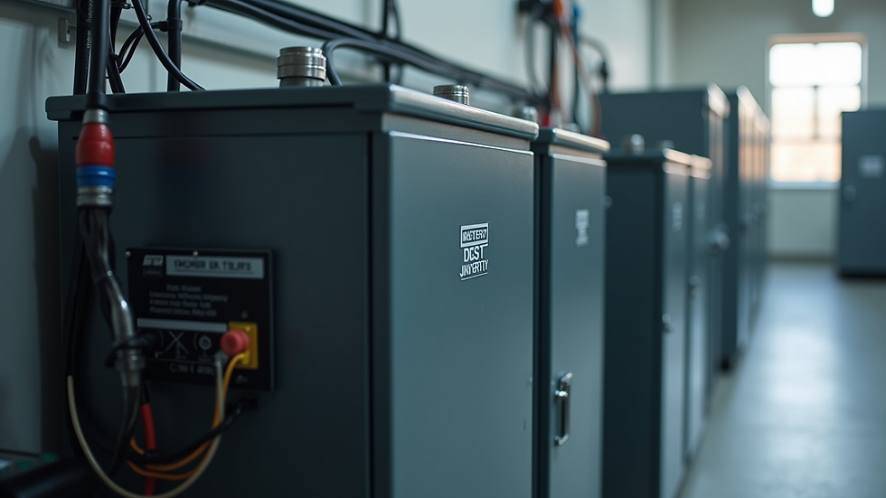 Eye-level view of a battery bank connected to an inverter system