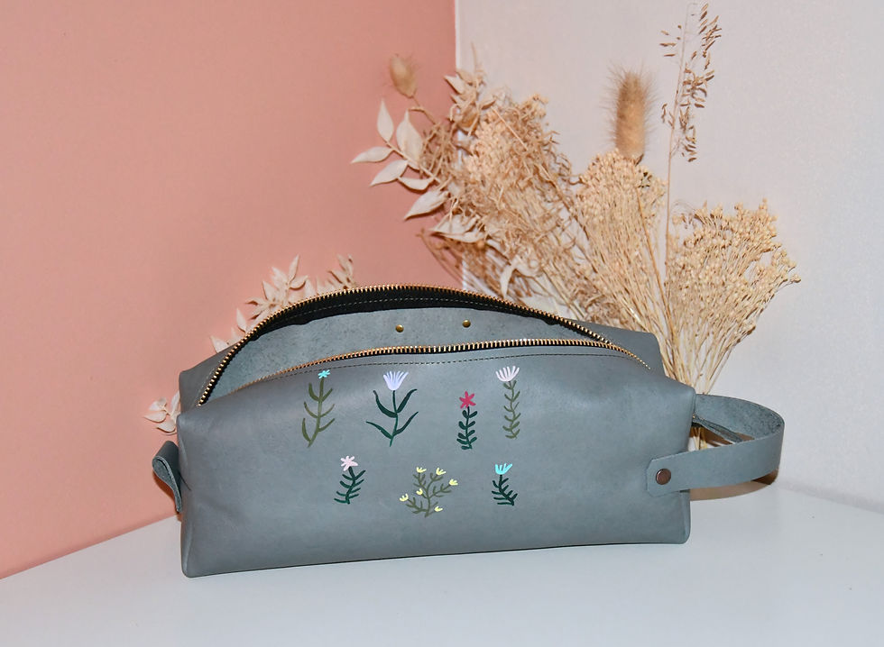 Miniature : Trousse HUGUETTE Cuir Gris & Fleurs