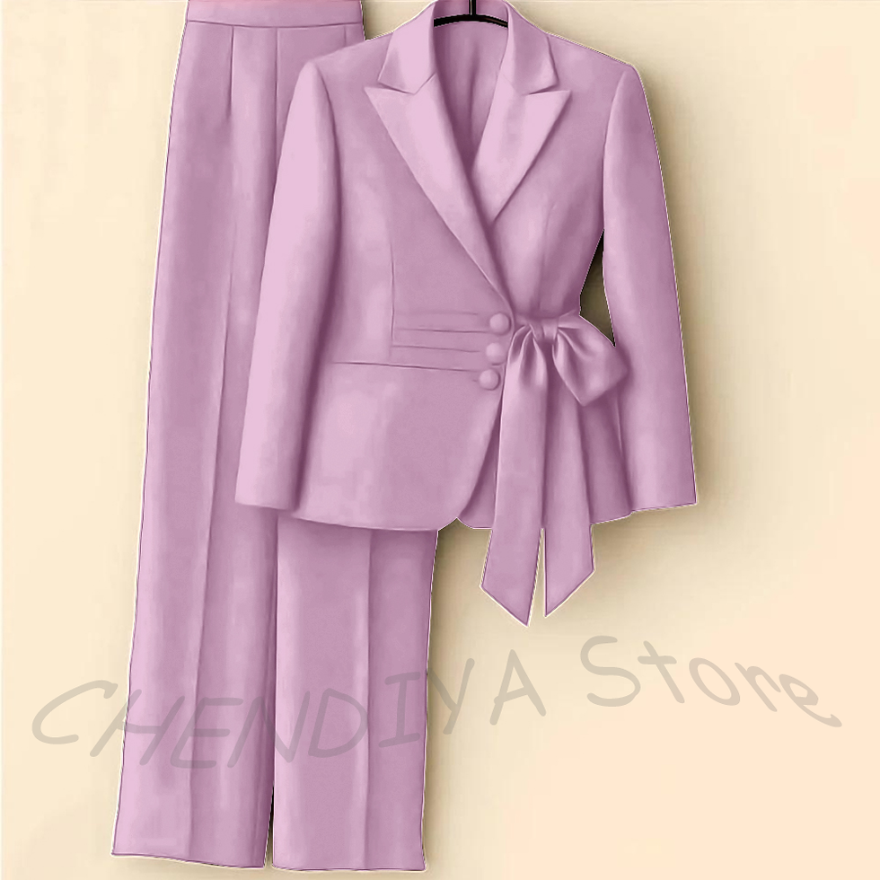 Miniature : Modern Fashion Women's Suit Set Two Piece With Bow Peaked Lapel Solid Color High