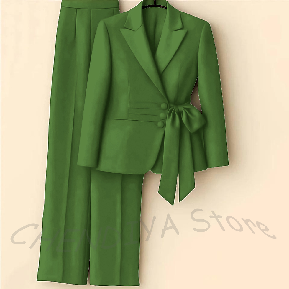 Miniature : Modern Fashion Women's Suit Set Two Piece With Bow Peaked Lapel Solid Color High
