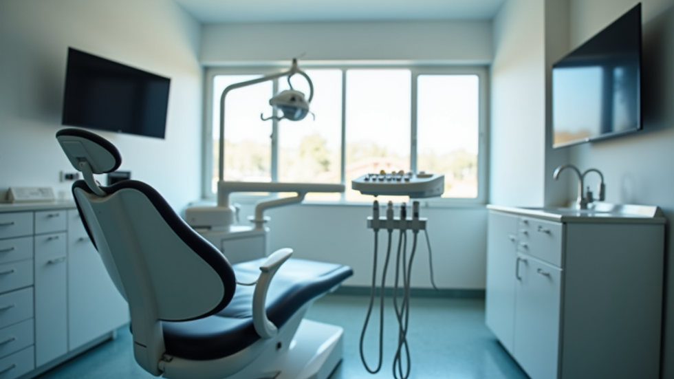 Eye-level view of a dental chair and equipment in a modern clinic