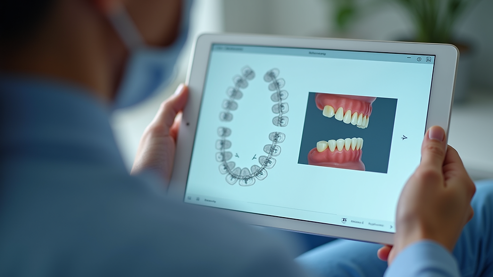 Eye-level view of orthodontist showing clear aligner treatment plan on a tablet