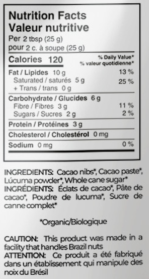 Thumbnail: Organic Superfood Cacao Nibs - Dark Chocolate with Lúcuma nutritional table
