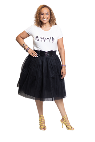 Shayna Rattler wearing a white shirt and black skirt preparing for the podcast with A.B. Ridgeway