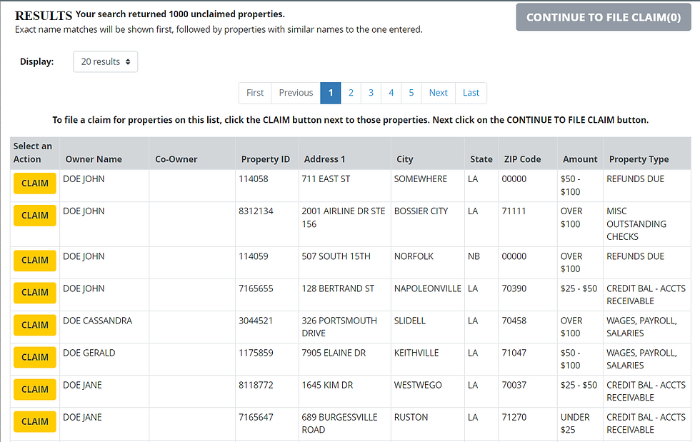 Louisiana Unclaimed Money search results
