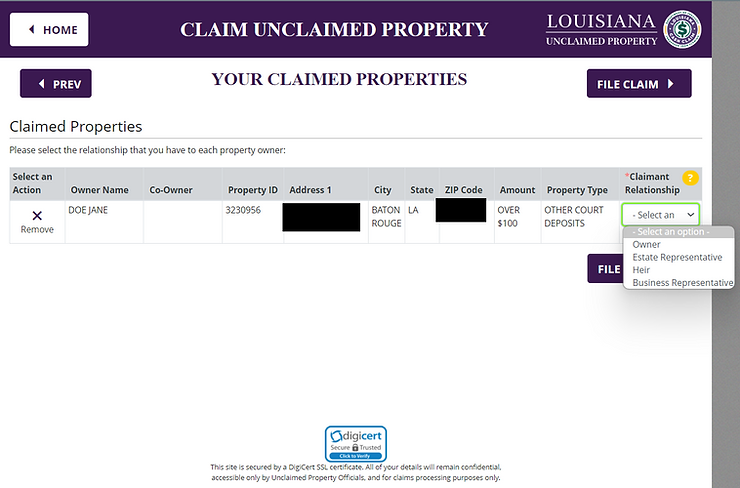 Louisiana Unclaimed property claimed property page