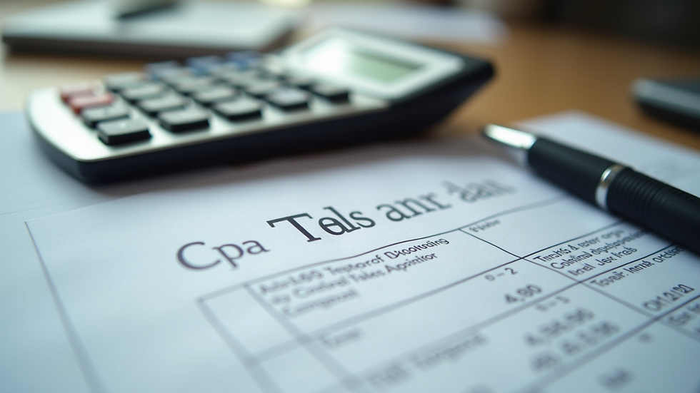 Close-up view of a desk with a CPA’s calculator, tax documents, and a pen