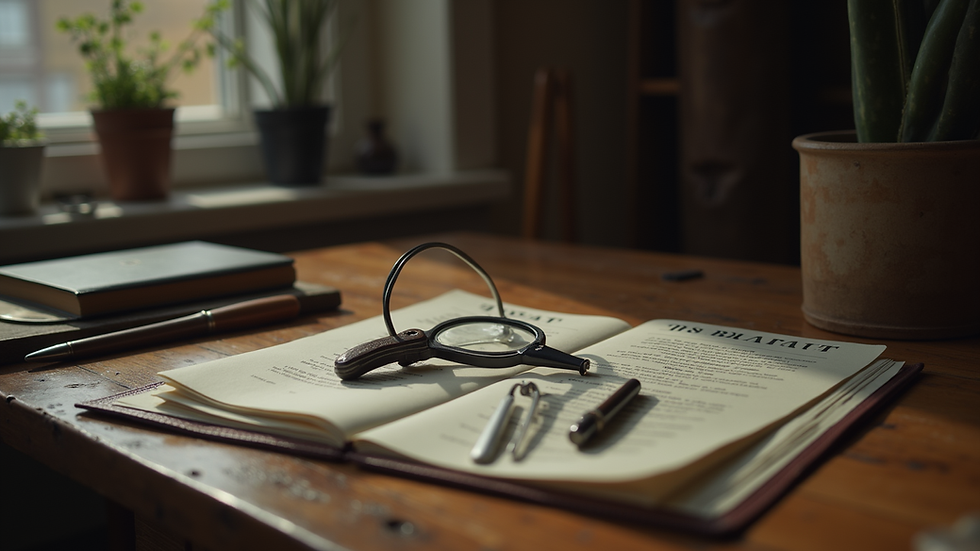 Close-up view of a detective's tools on a wooden table