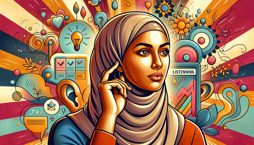 An illustration of a woman intently listening to someone talking.