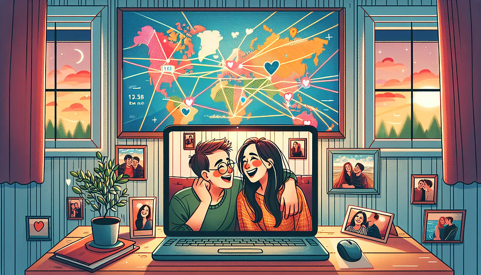 An illustration of a man and a woman video chatting.