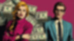 A man and a woman standing next to a stack of money