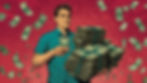 A man standing next to a stack of money.