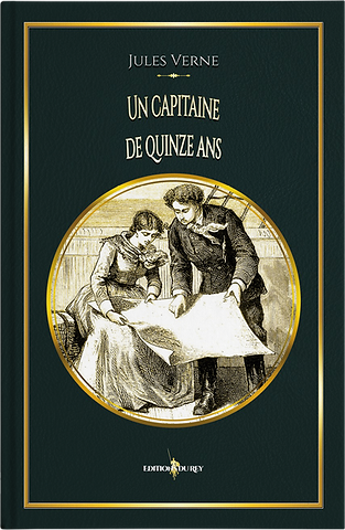 Couverture du roman Un capitaine de quinze ans de Jules Verne, édition reliée illustrée, représentant deux personnages examinant une grande carte, assis à bord d’un navire.