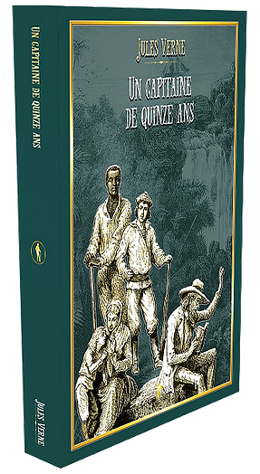 Couverture du roman Un capitaine de quinze ans de Jules Verne, édition illustrée, montrant un groupe de personnages en voyage, dont un jeune garçon tenant un bâton, une famille et un homme lisant, sur fond de jungle et de cascade.