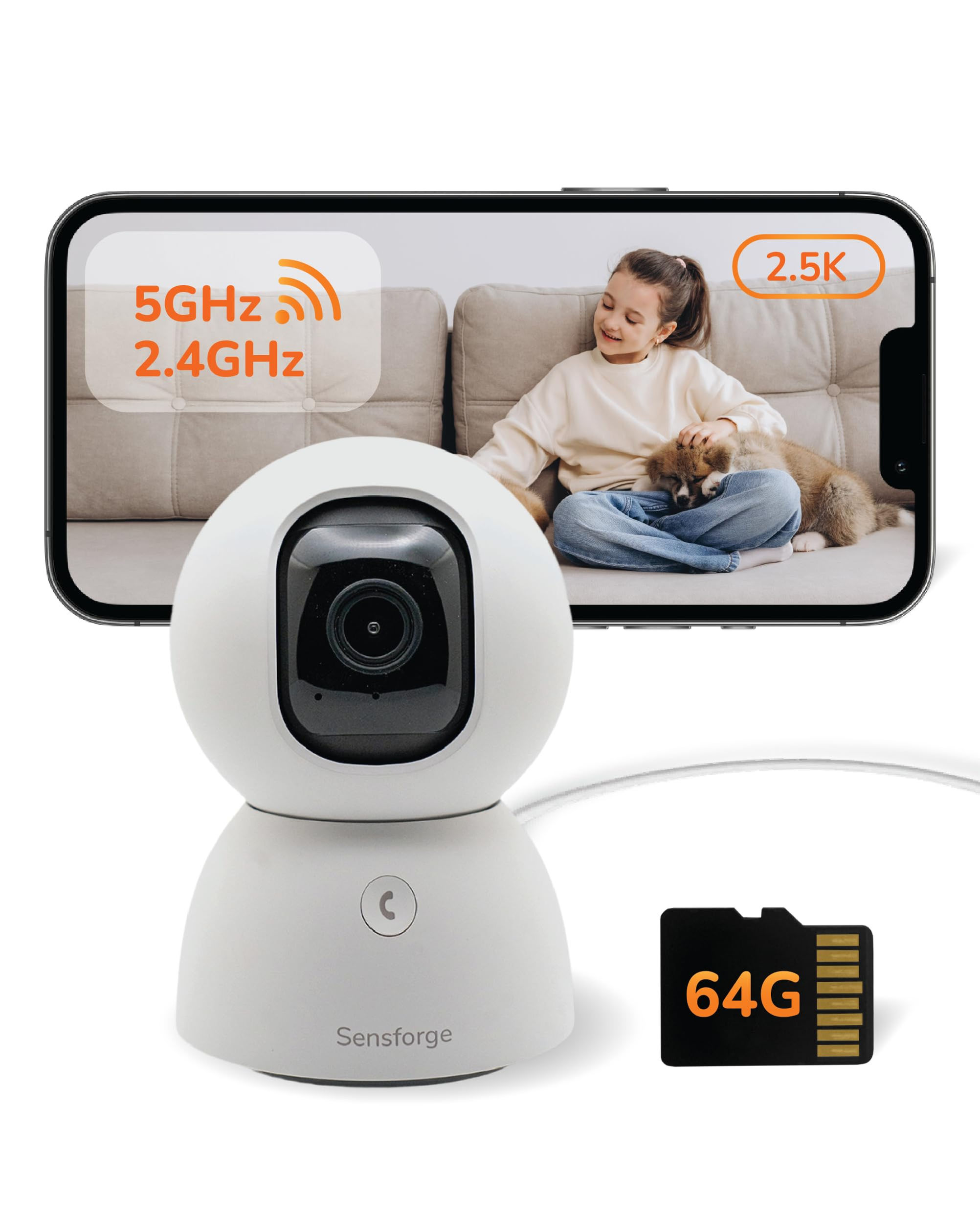 Sensforge 2.5K Indoor Pan-Tilt Dome Security Camera, 360° Coverage, AI Human ...