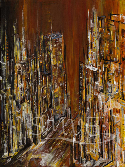 small 14"x 12"x 2" acrylic painting on stretched canvas. An impressionistic abstract created with a pallet knife. Sharp, fine lines in black, dark browns, whites and greys  create speed and motion. Its a city at night with tall buildings and a busy street filled with cars. Warm iron oxide background gives a flair of a very warm nigh. Shades of yellow, orange, black, brown and white in fine and thicker lines bring the buiding to life. Edges are painted 
